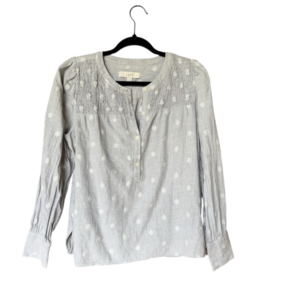 LOFT Tops - LOFT Gray Embroidered Long Sleeve Smocked Yoke Henley Blouse Small